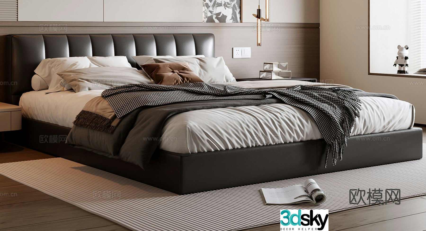 Modern black double bed 3d model