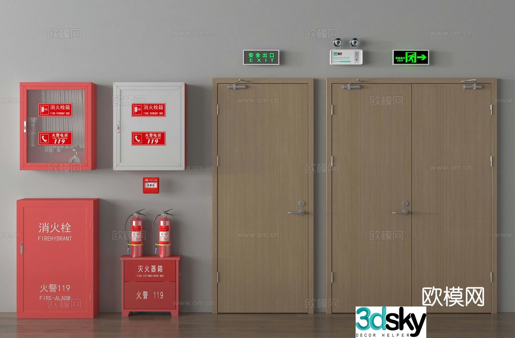 Safety door fire door fire hydrant fire extinguisher emergency lighting 3d model