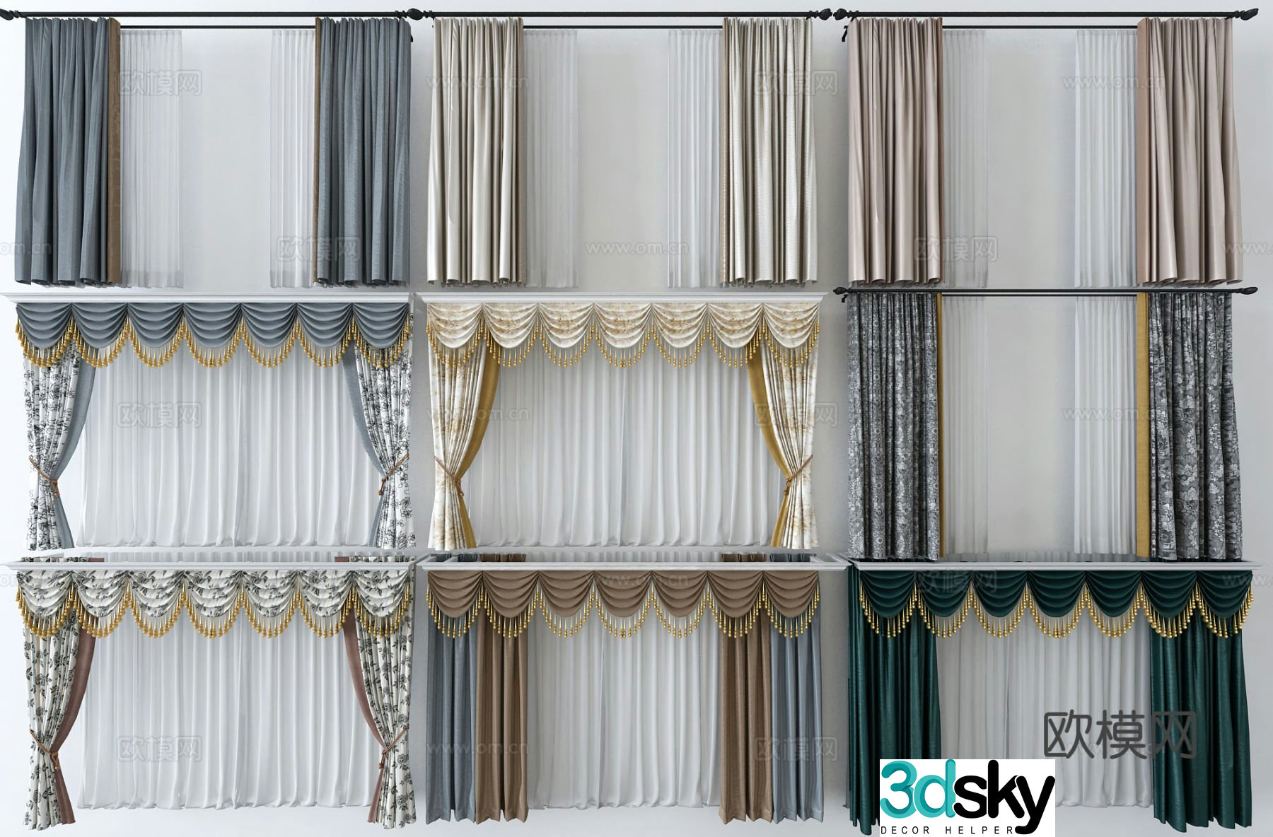 European style curtains wavy curtain head 3d model