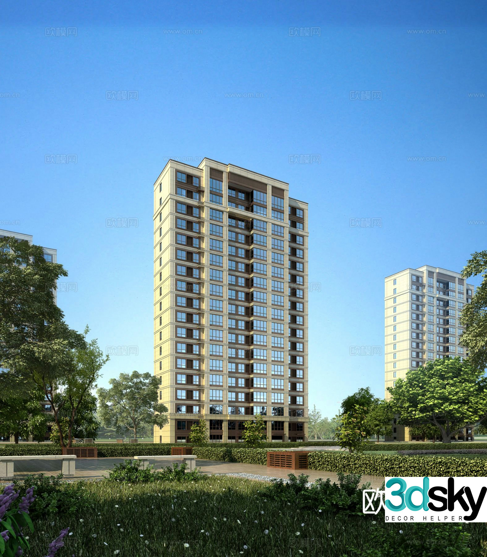 New Chinese style multi-story residential building exterior 3D model