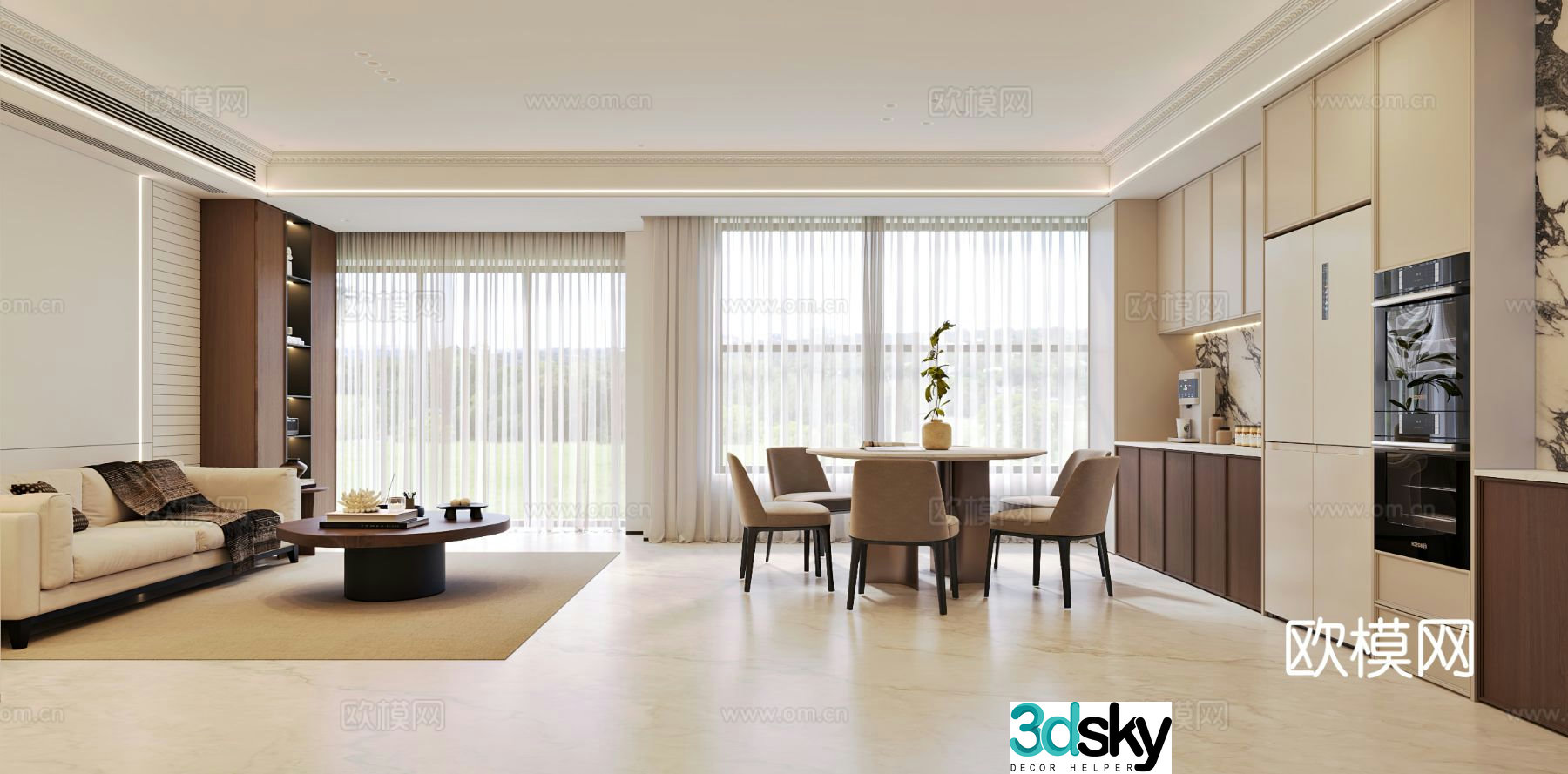 French living and dining room 3d model