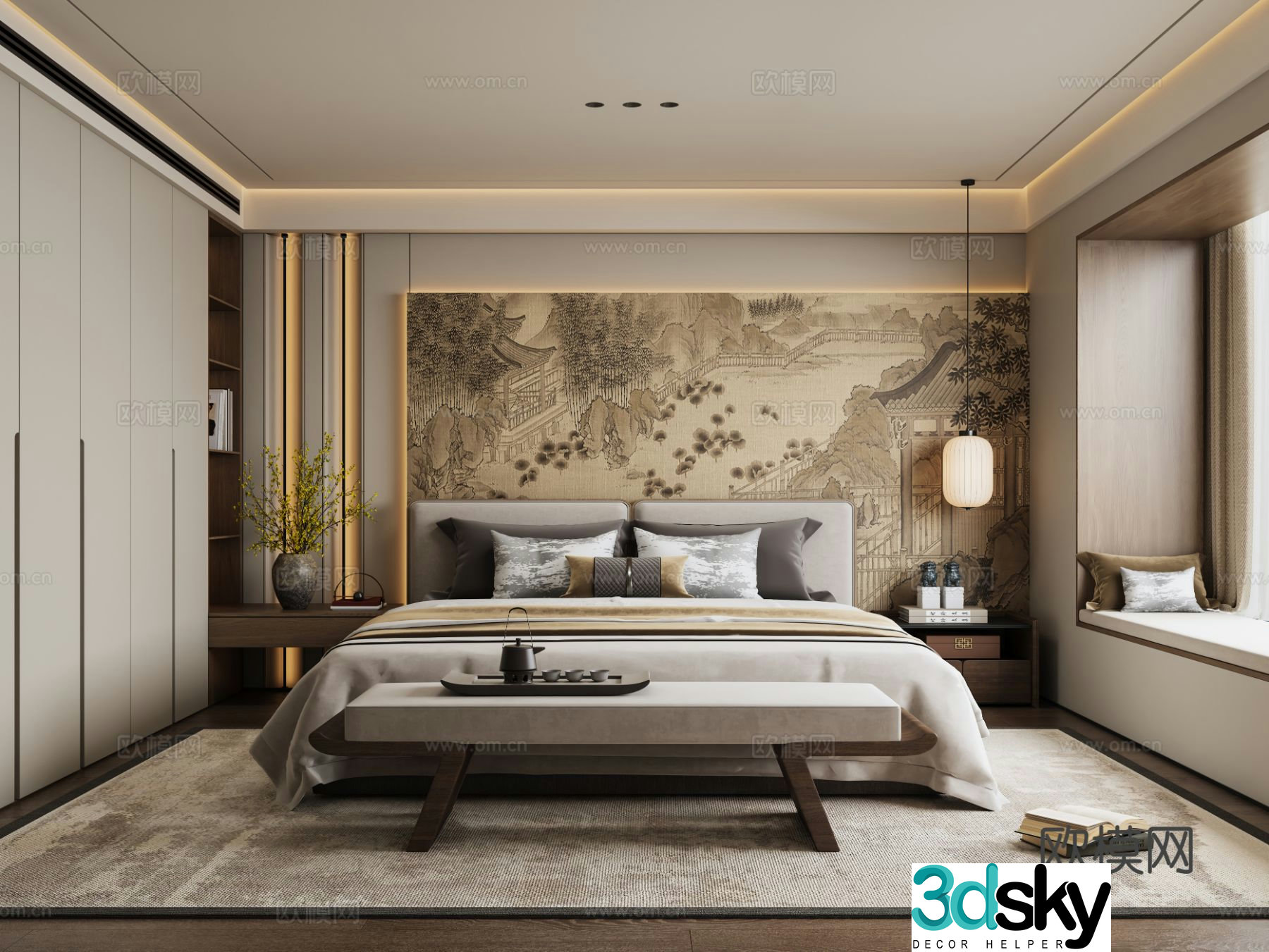 New Chinese style bedroom Zen master bedroom 3D model