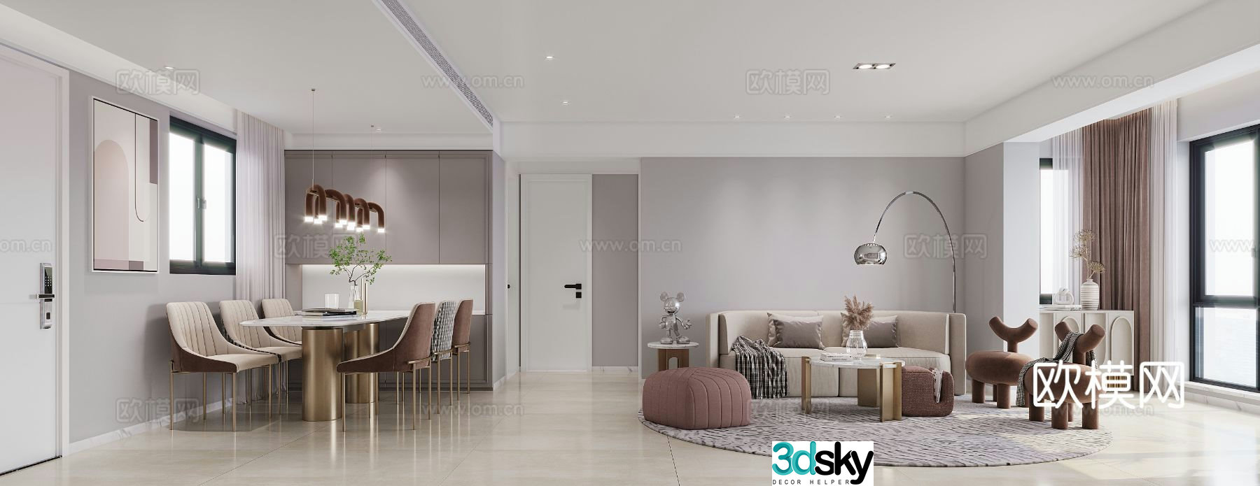 Modern living and dining room 3d model