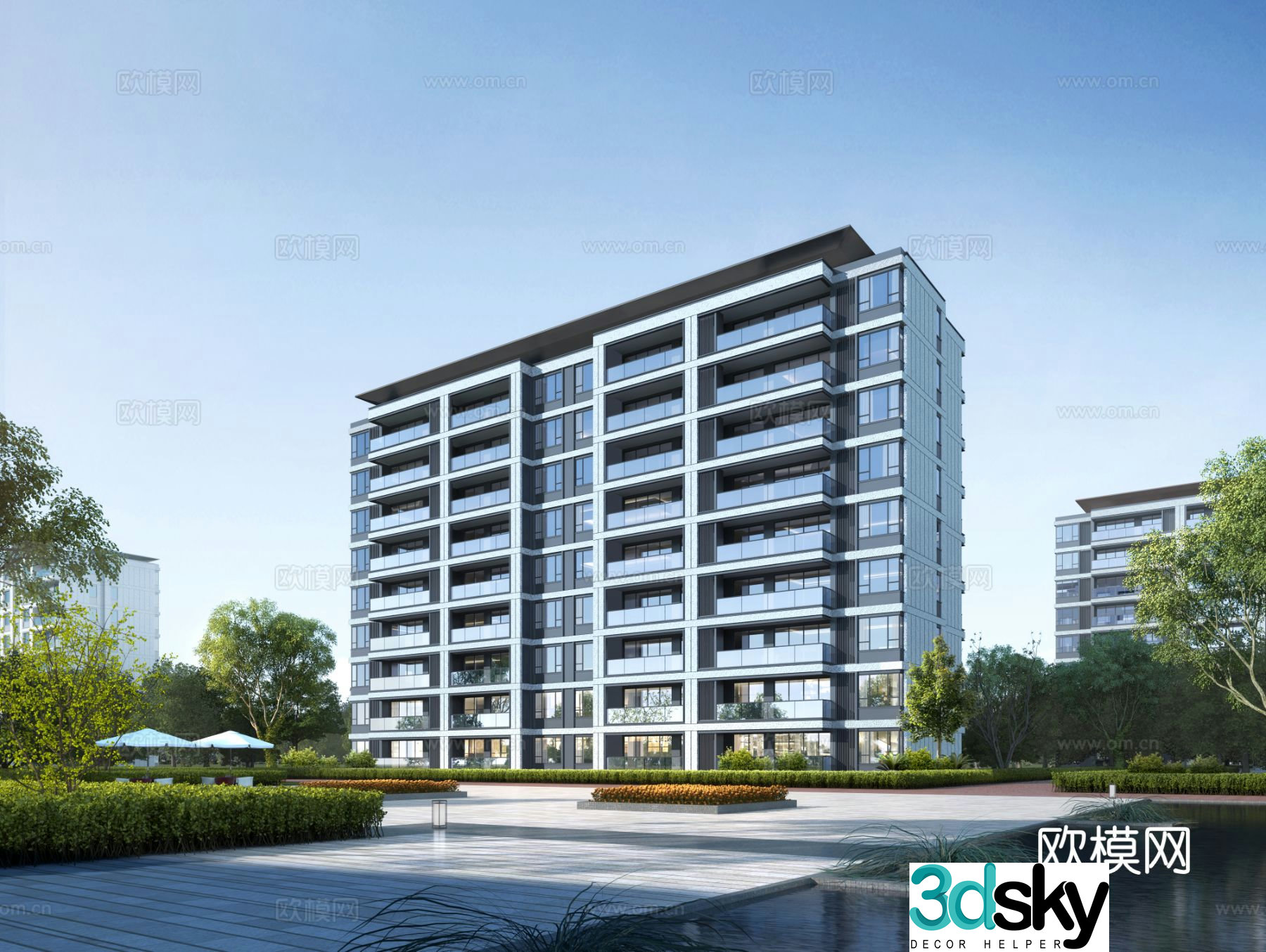 Multi-story residential building exterior 3D model
