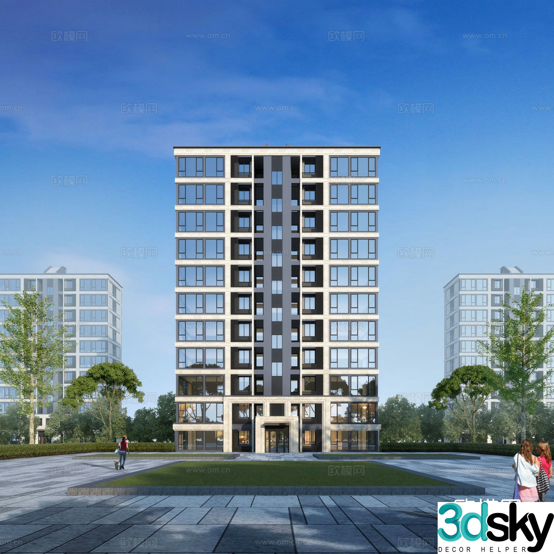 Multi-story residential building exterior 3D model
