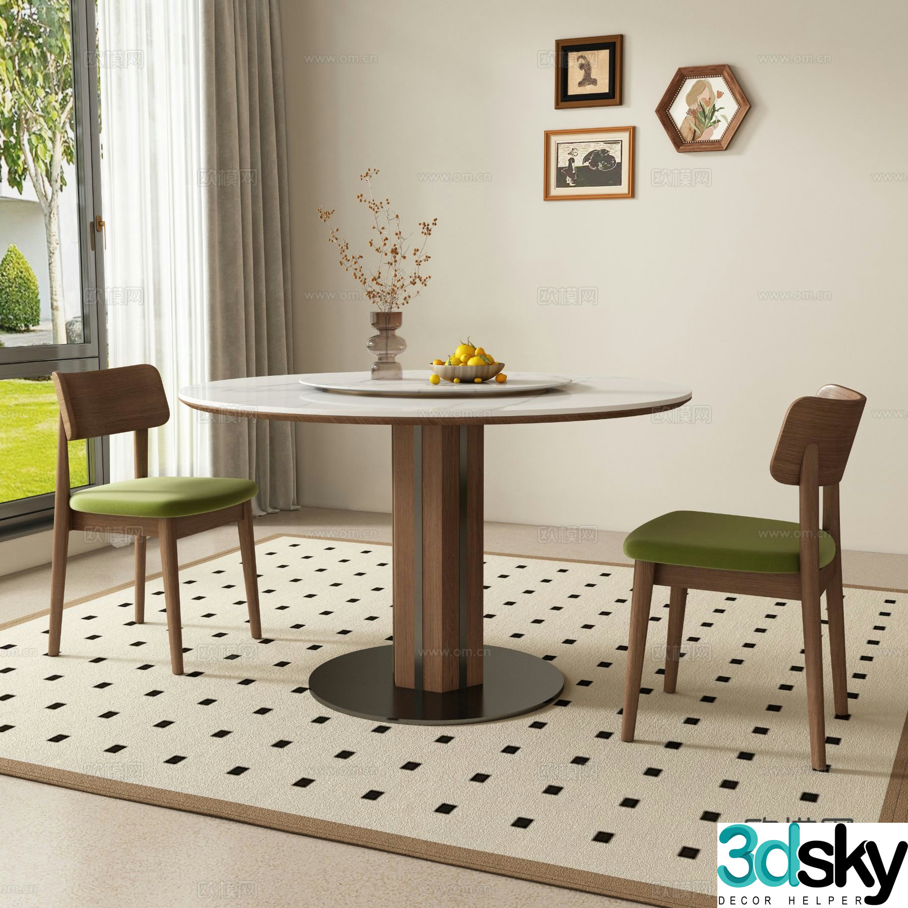 Medium style round dining table and chair 3D model