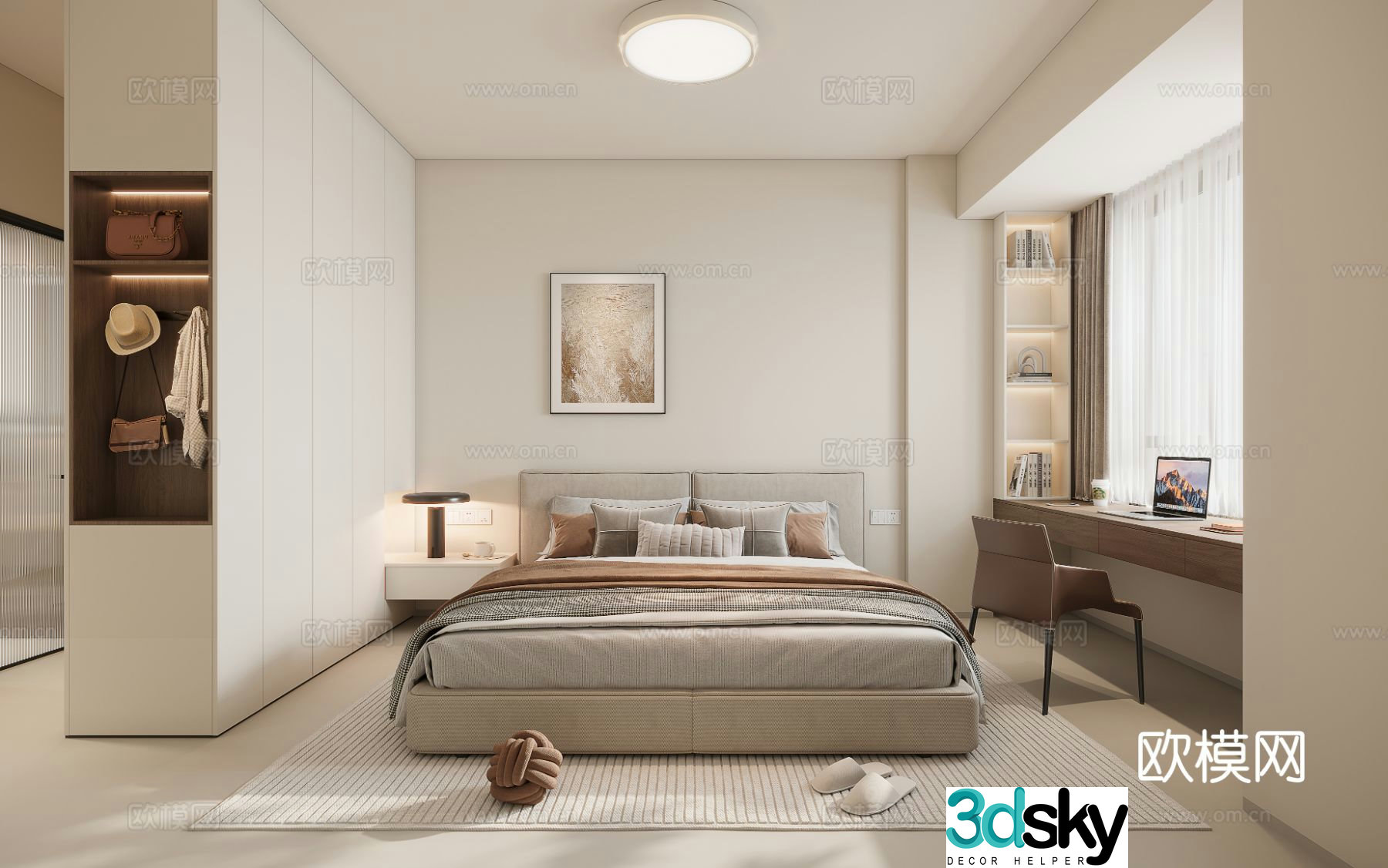 Creamy Bedroom Secondary Bedroom 3D Model