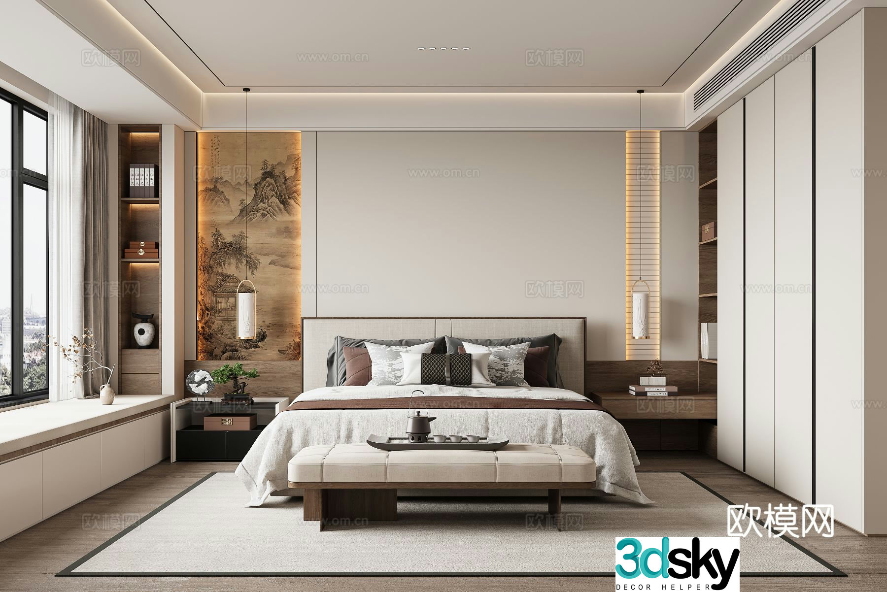 New Chinese Song style bedroom double bed wardrobe bed chandeliers 3d model