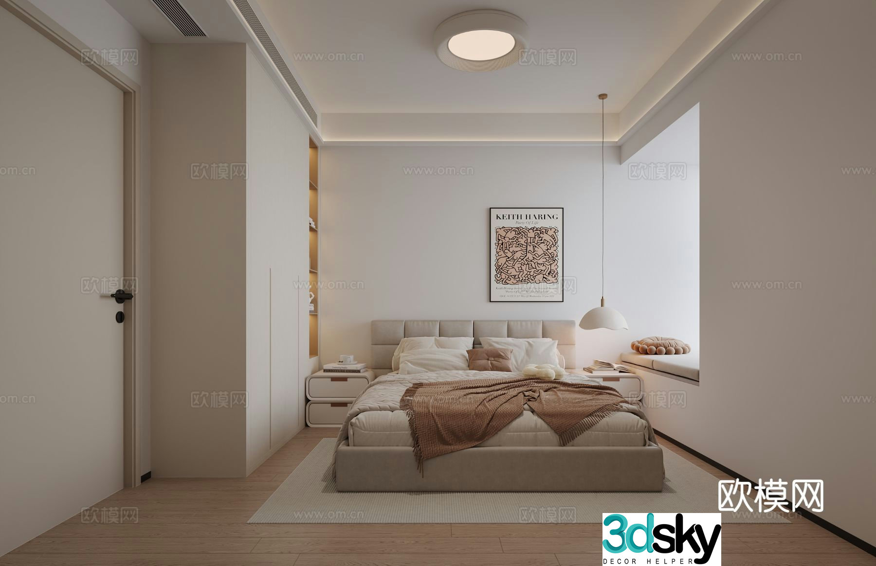 Creamy Bedroom Secondary Bedroom 3D Model