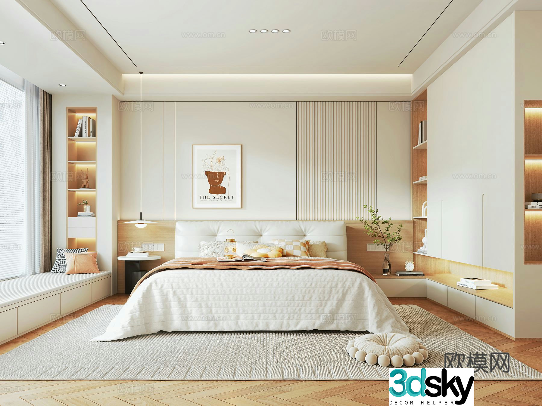 Modern creamy bedroom fabric double bed side table wardrobe bedroom chandeliers 3d model
