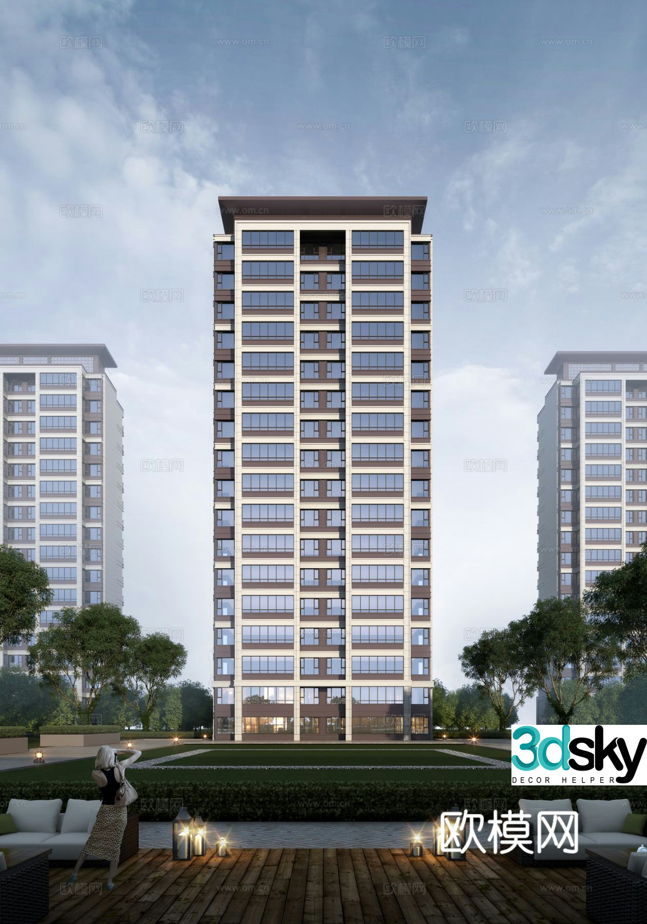 Exterior of high-rise residential building facade 3D model
