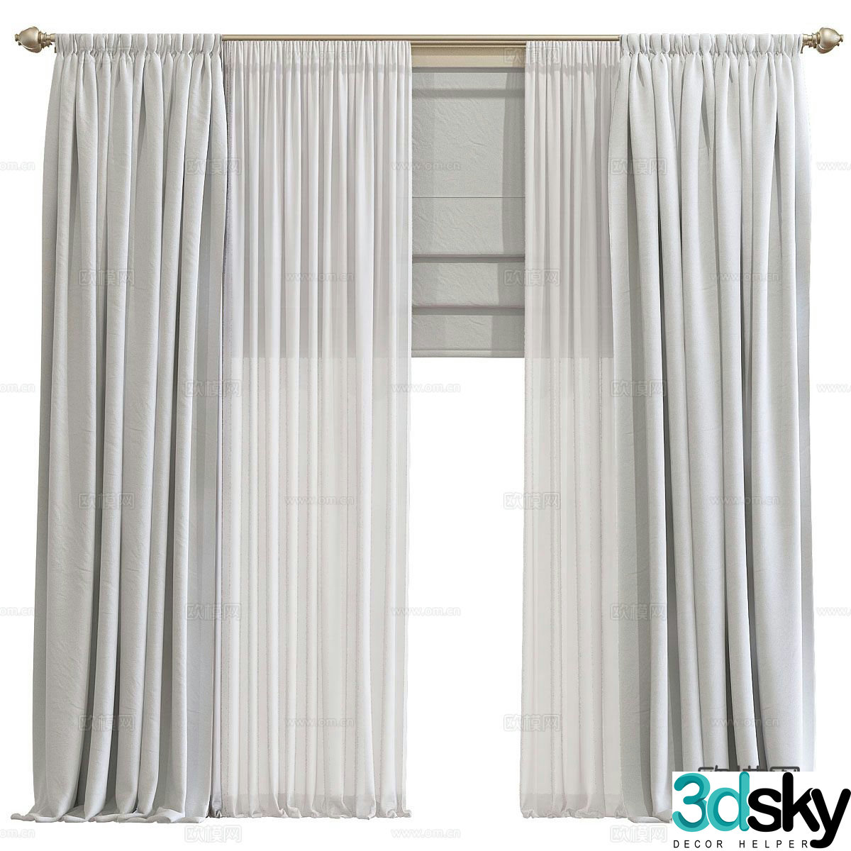 Modern white gauze curtain roller blind curtain 3d model