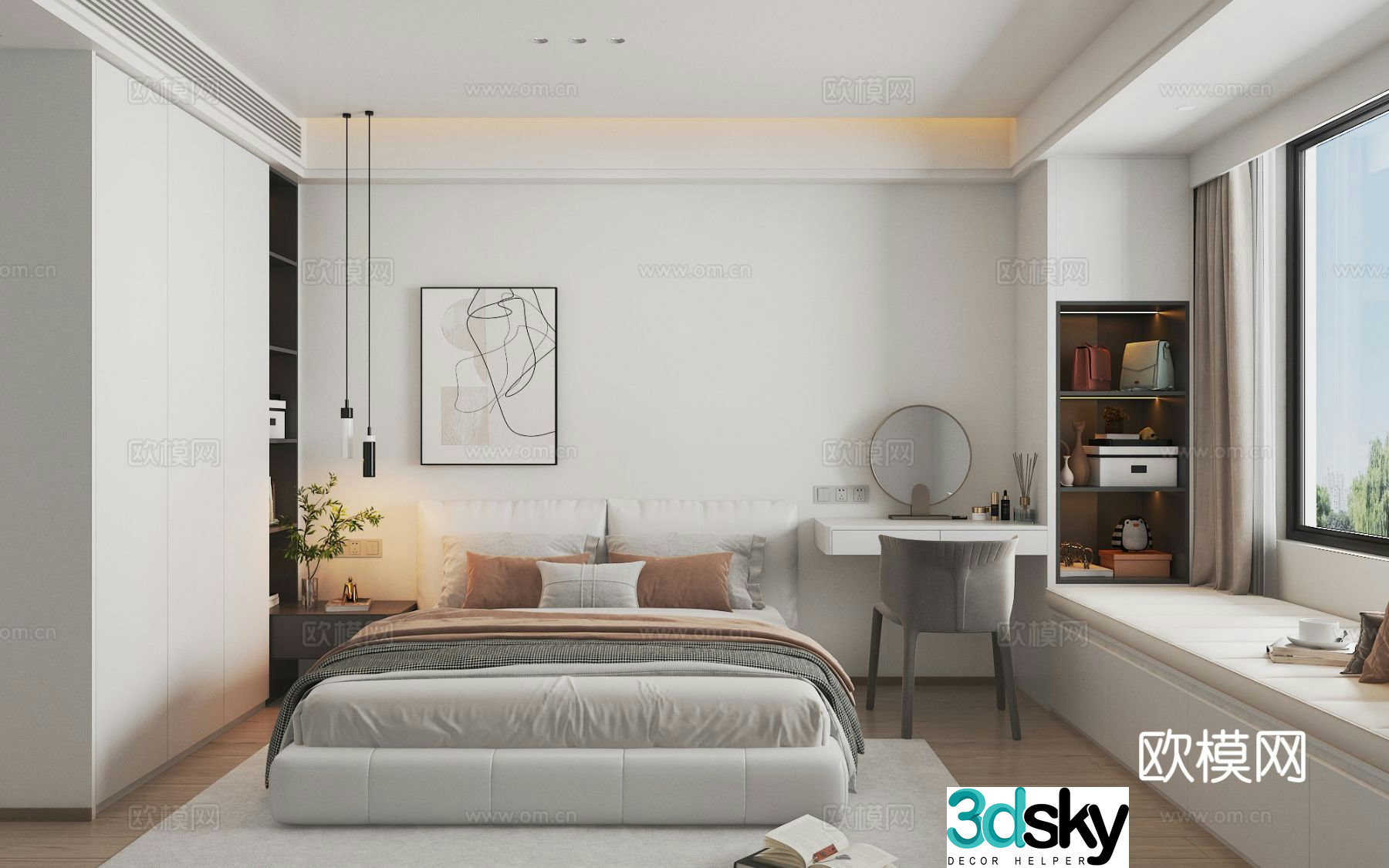 Modern bedroom large bay window second bedroom 3D model