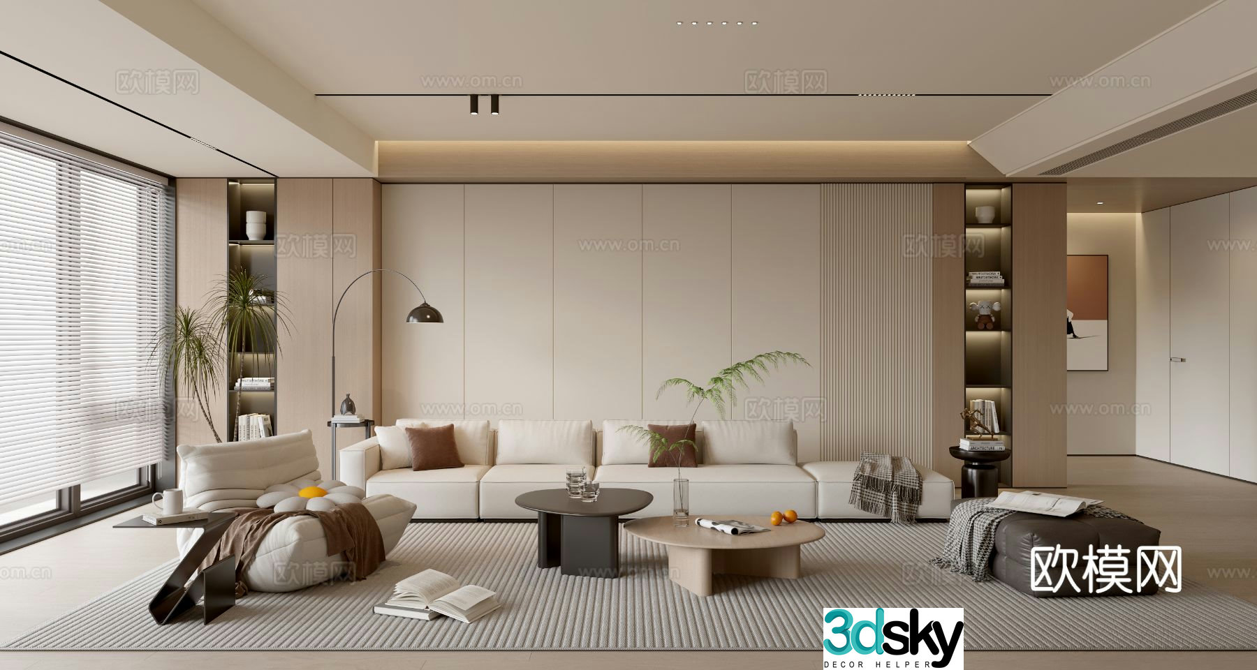 Creamy living room TV background wall coffee table sofa background wall 3d model