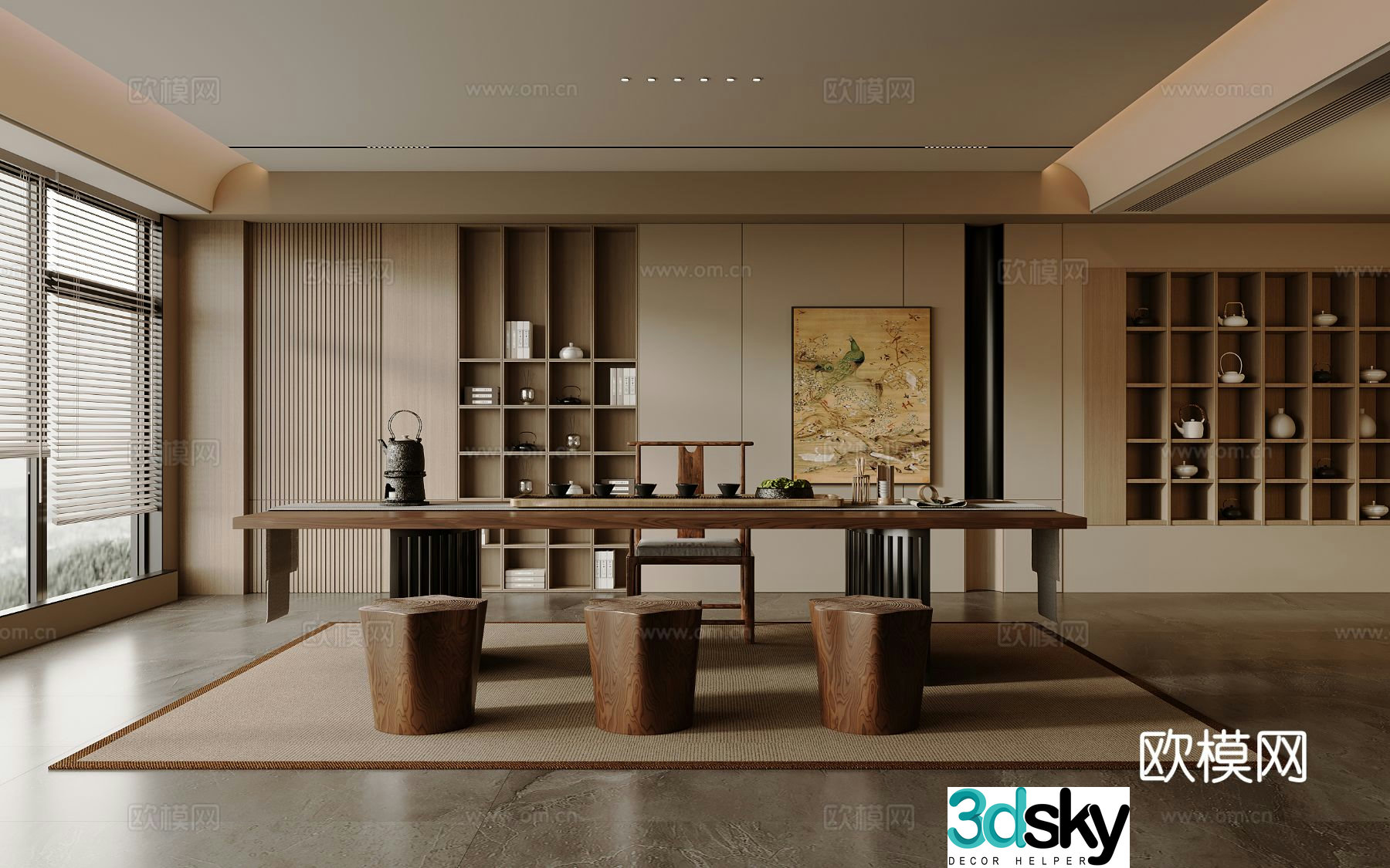 New Chinese-style tea room Song-style solid wood tea table and chair combination Large board tea table and 3D model