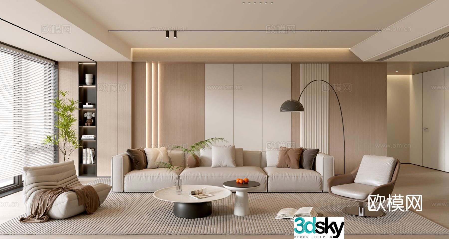 Creamy living room coffee table sofa background wall 3d model