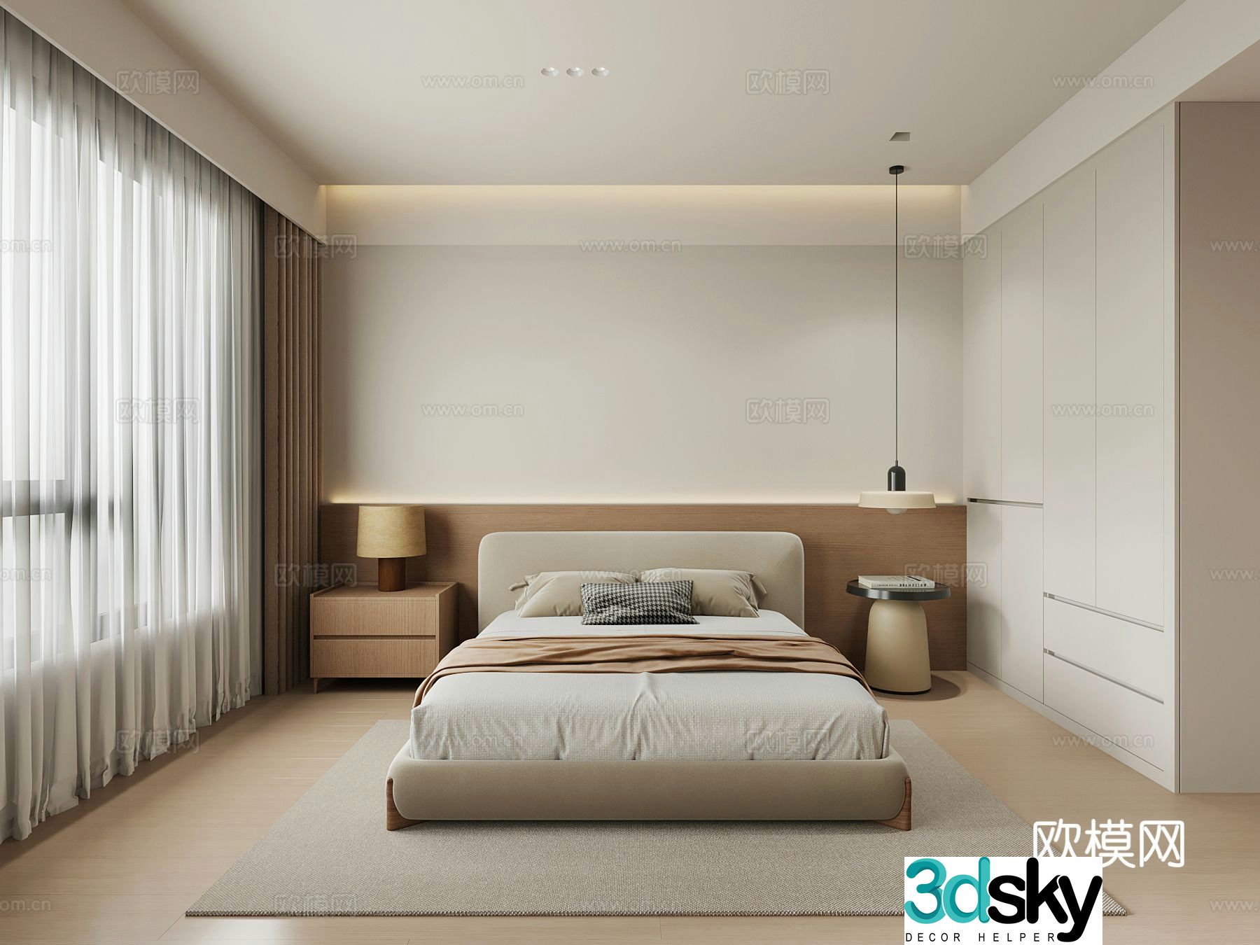 Modern minimalist bedroom wardrobe double bed 3d model