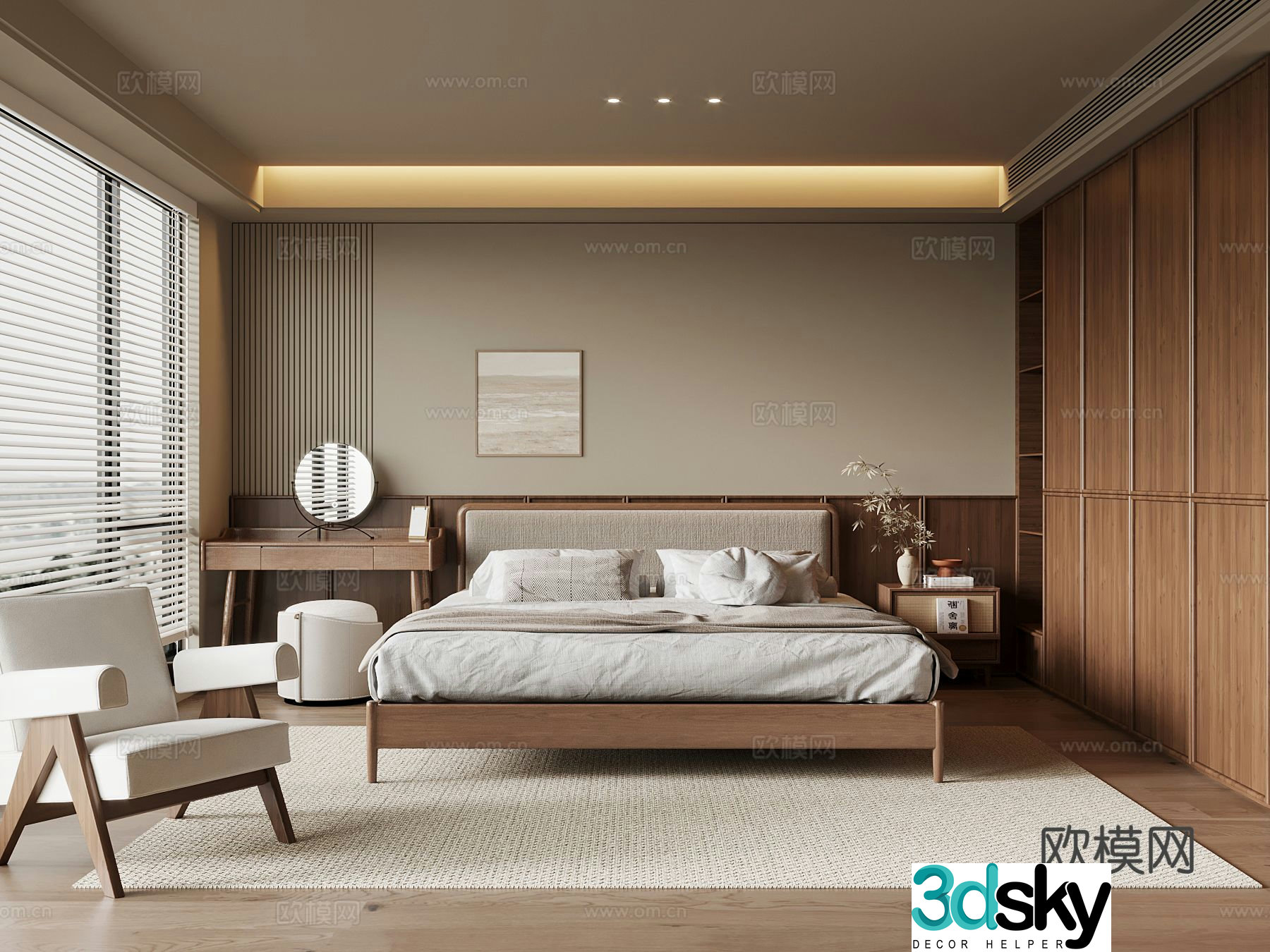 Middle style bedroom double bed wardrobe leisure chair 3d model