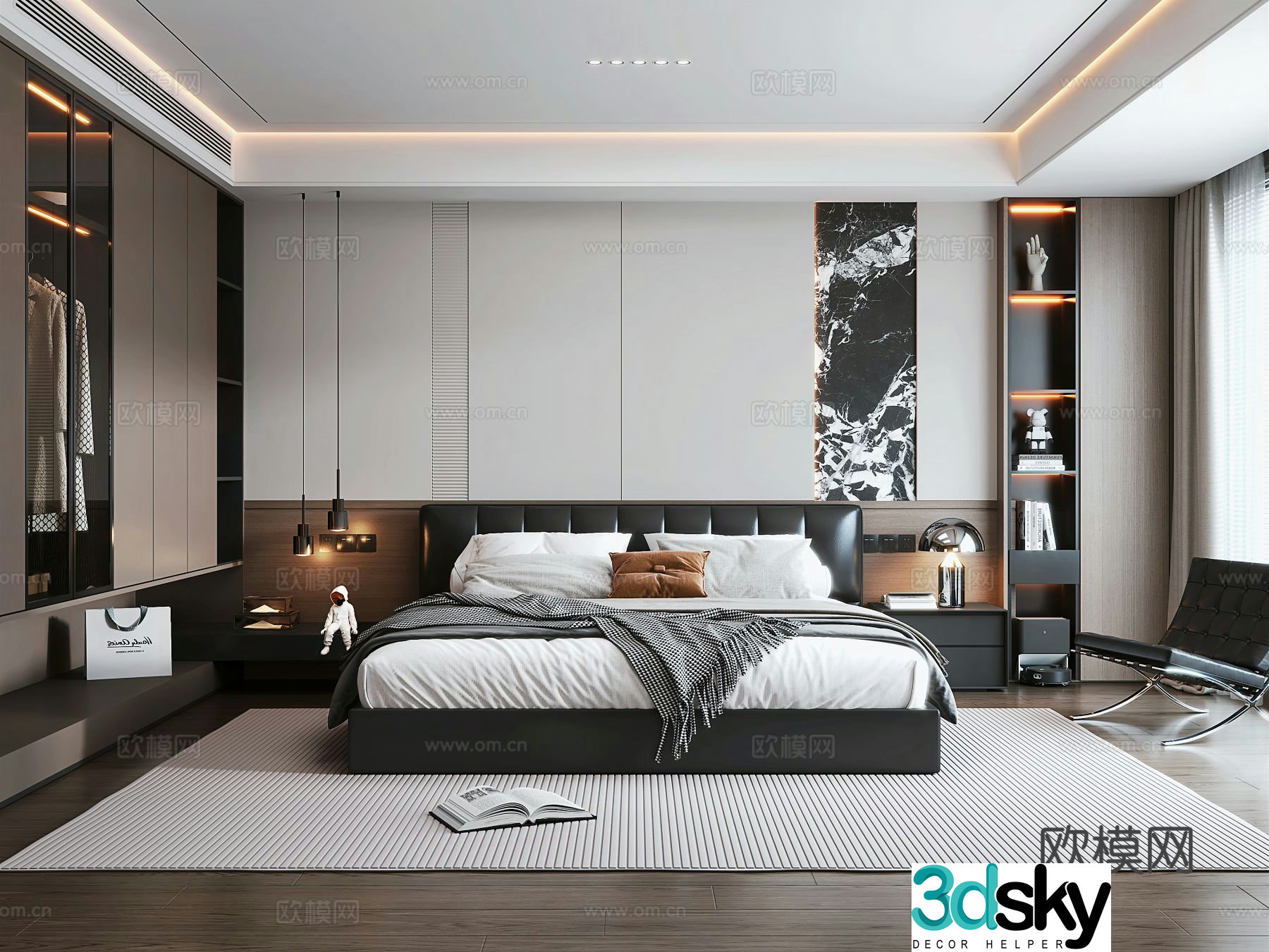 Italian light luxury bedroom leather double bed bedside table wardrobe bedside chandeliers leisure chair 3d model