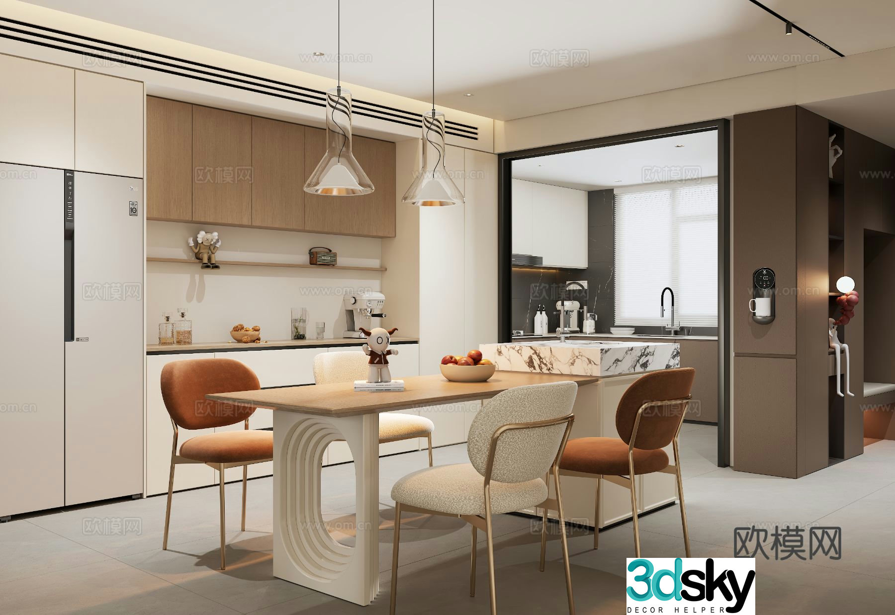 Creamy restaurant island dining table sideboard kitchen decorative cabinet chandeliers 3d model