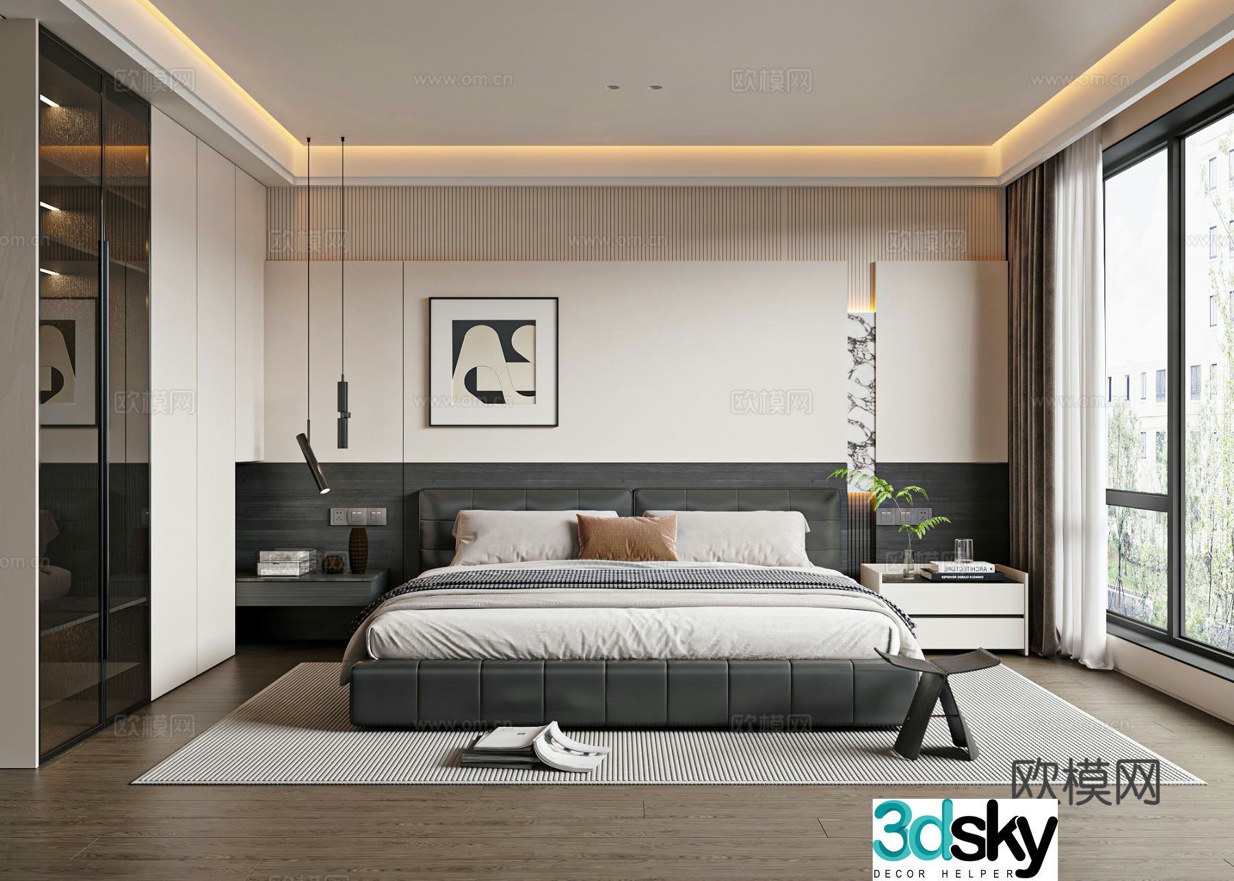 Italian home bedroom double bed nightstand 3d model