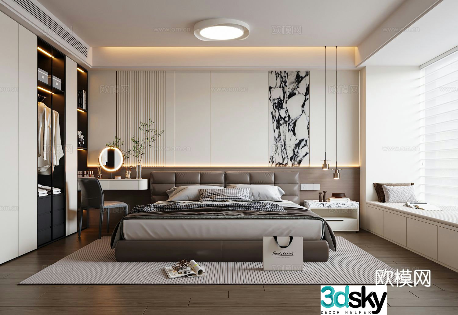 Italian bedroom double bed nightstand dressing table 3d model