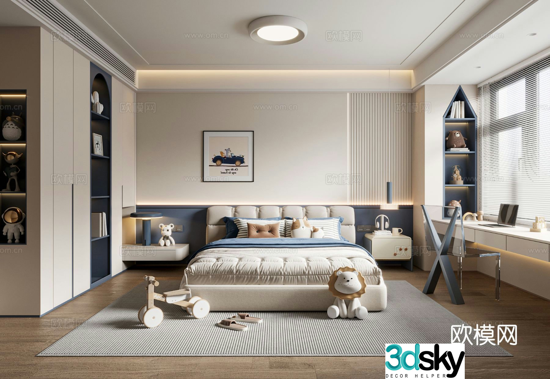 Creamy children’s room boy’s room children’s double bed children’s wardrobe children’s desk and chair 3d model