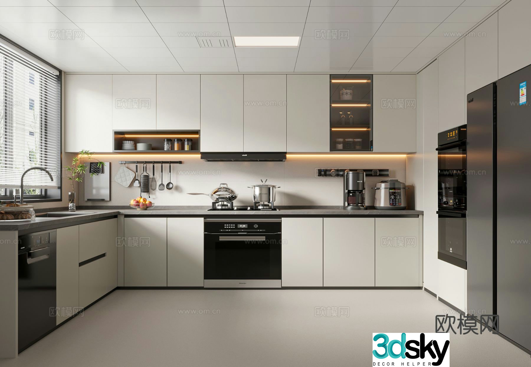 Creamy kitchen cabinet kitchen utensils stove refrigerator kitchen appliances 3d model
