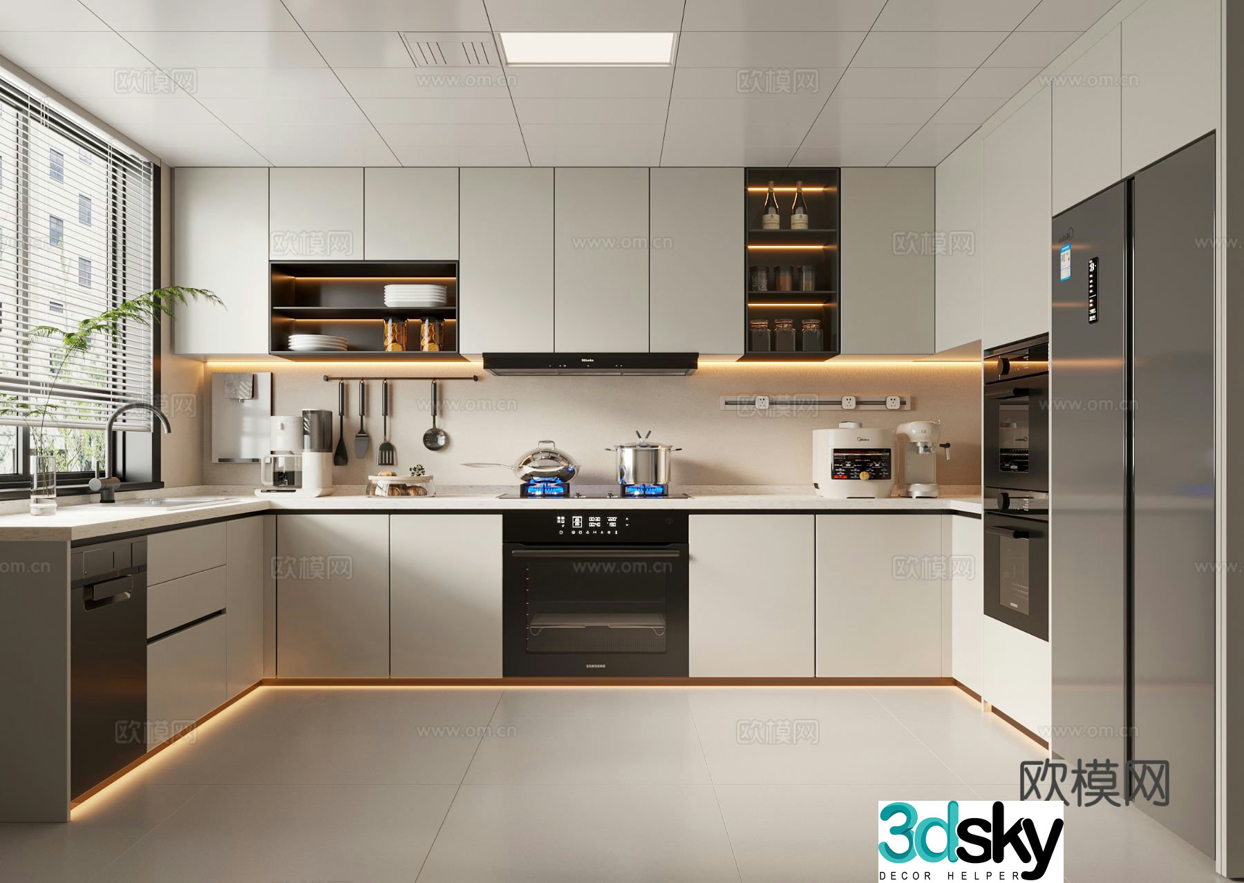 Creamy kitchen cabinet kitchen utensils stove refrigerator kitchen appliances 3d model
