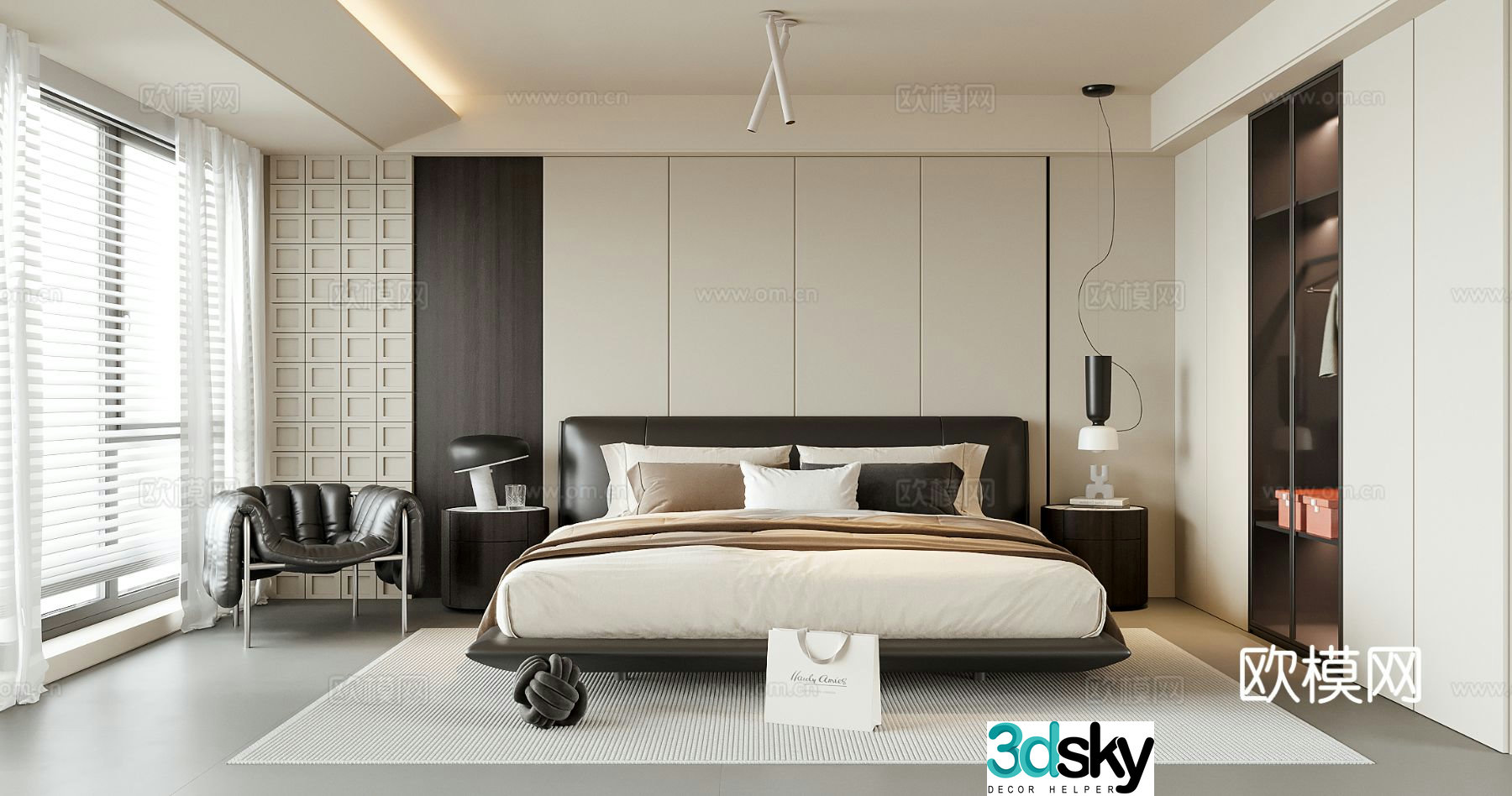 Modern bedroom Double bed Bedside table desk lamp 3d model