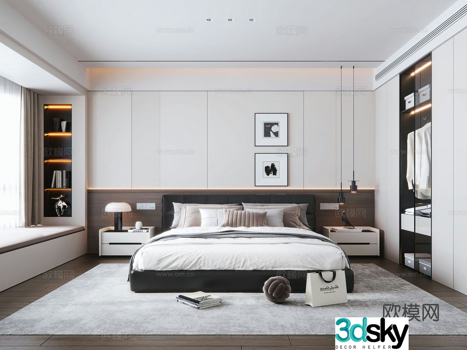 Italian light luxury home bedroom Italian light luxury double bed bed nightstand glass wardrobe bedside chandeliers 3D model