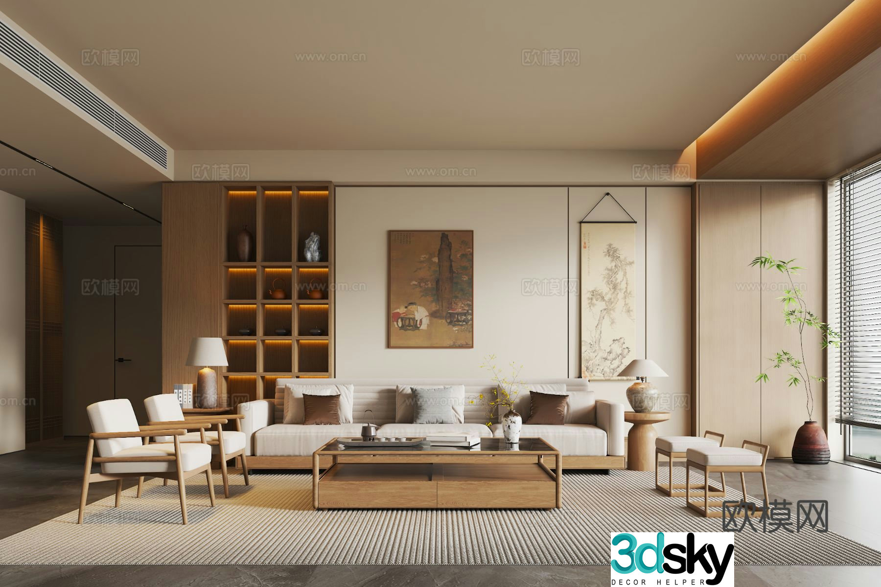 New Chinese style Song style living room solid wood sofa coffee table combination solid wood single chair sofa side table bookcase 3D model