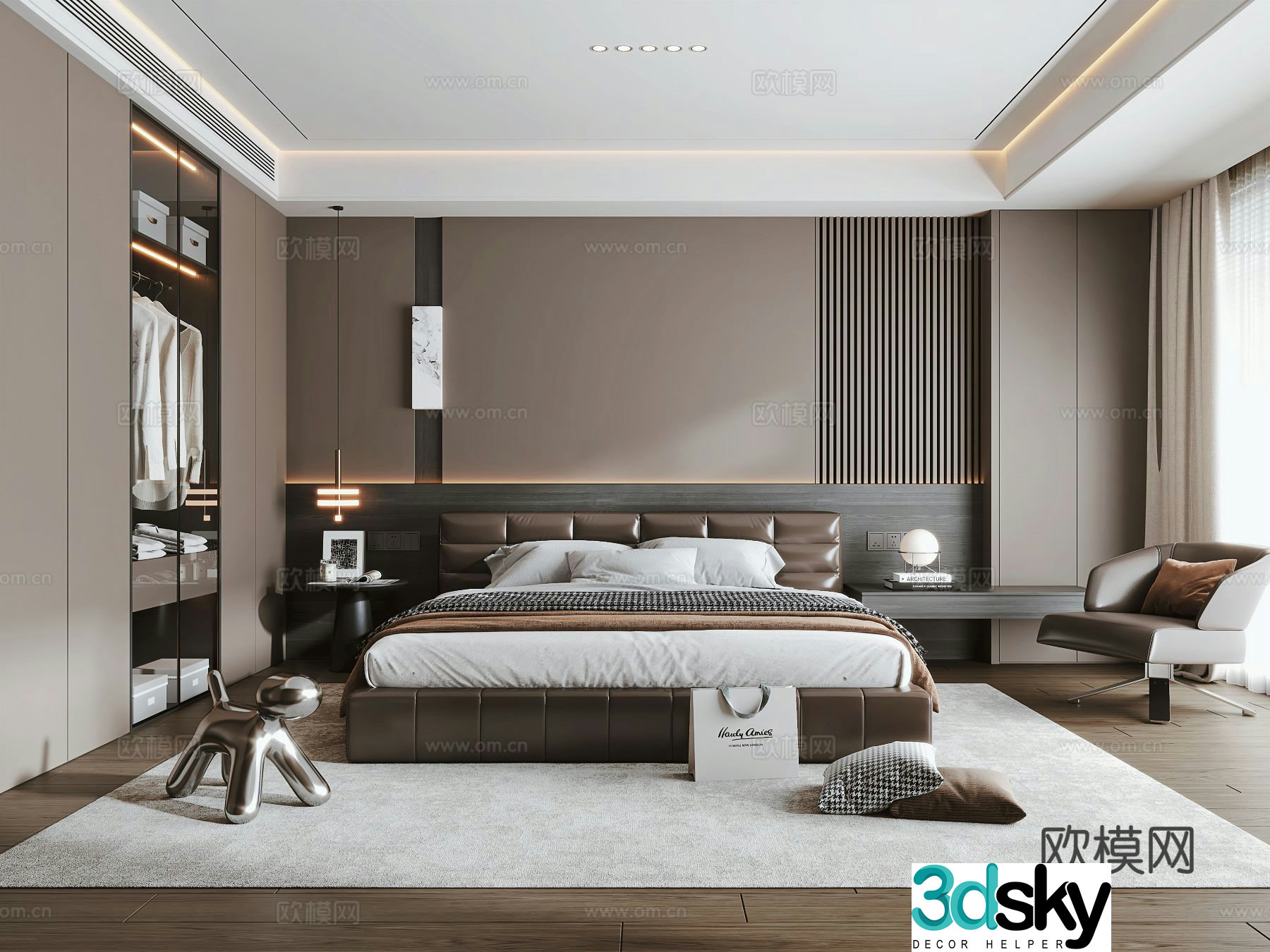 Italian light luxury bedroom leather double bed bedside table wardrobe bedside chandeliers leisure chair 3d model