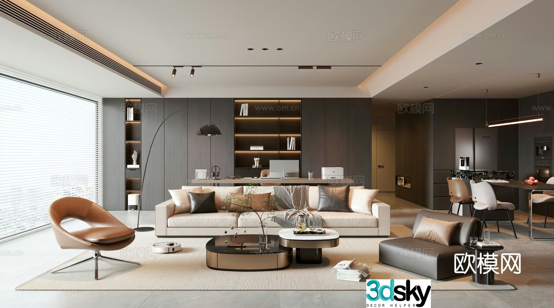 Modern living and dining room 3d model