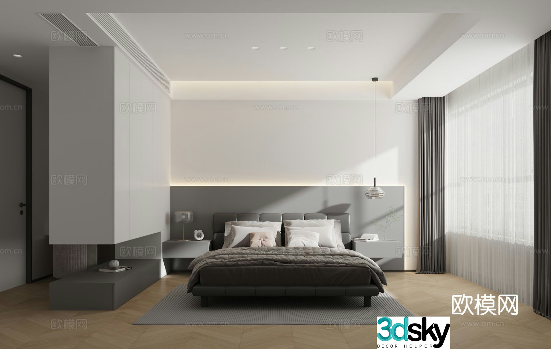 Modern black white and gray bedroom 3d model