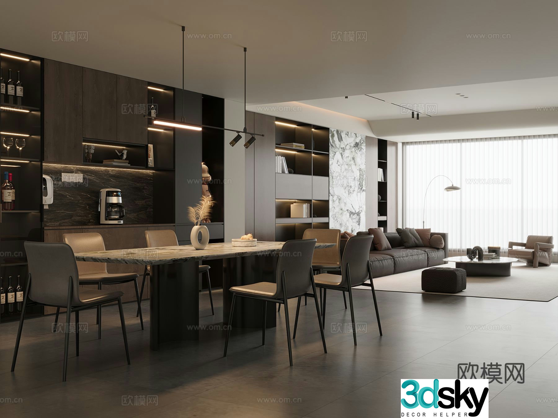 Italian dining room marble dining table and chairs sideboard wine cabinet leather sofa coffee table combination 3D model