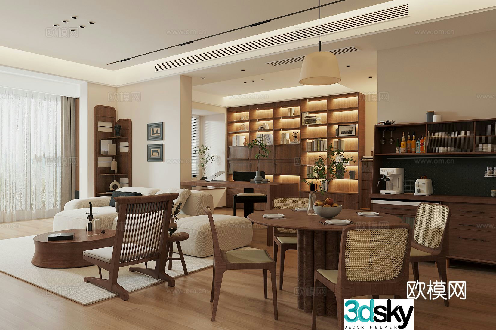 Middle style living room large flat floor living room sofa and coffee table combination middle style dining table and chair 3D model