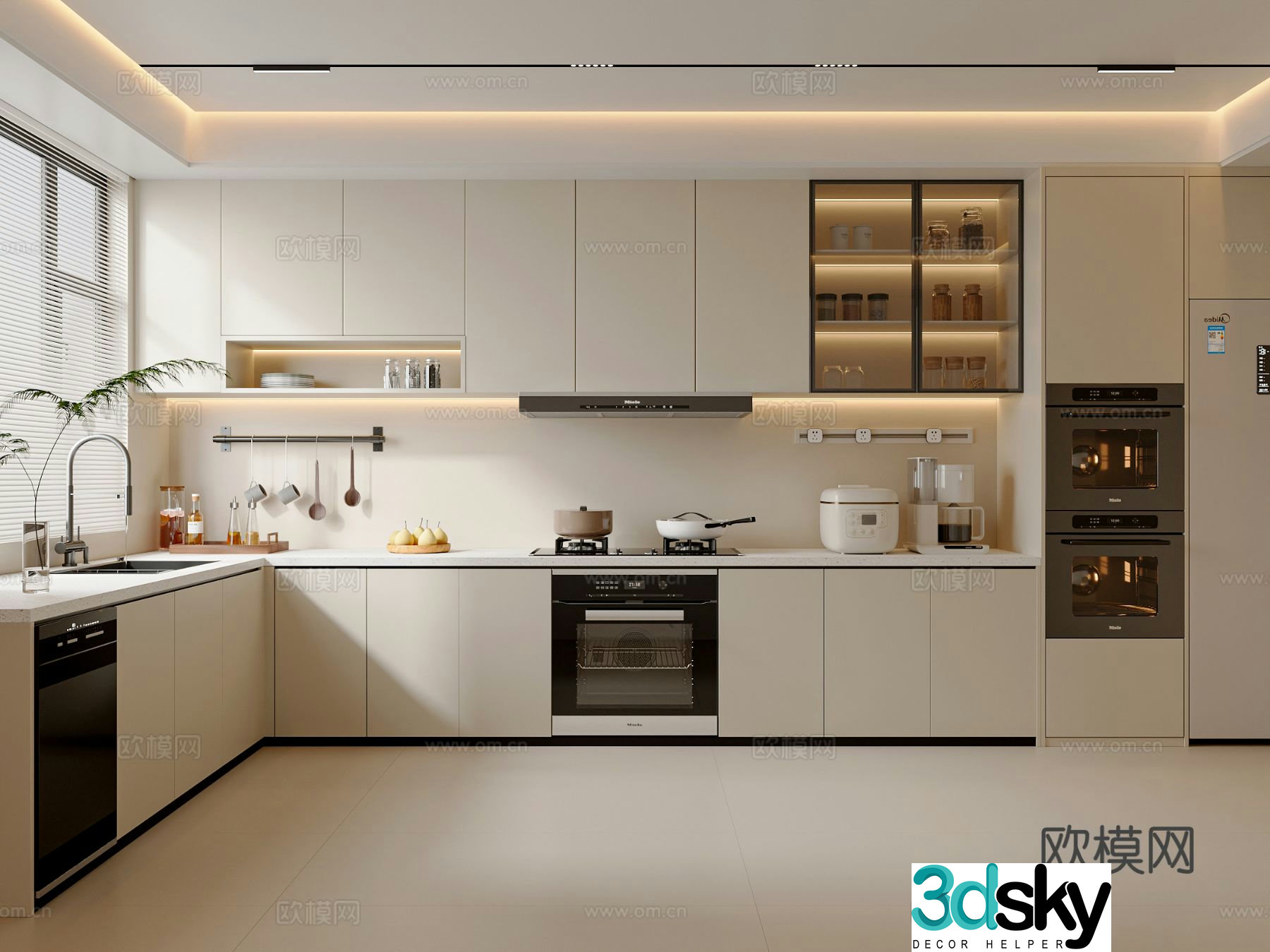 Creamy Kitchen Cabinet Refrigerator Kitchen Appliances Kitchen Supplies 3D Model