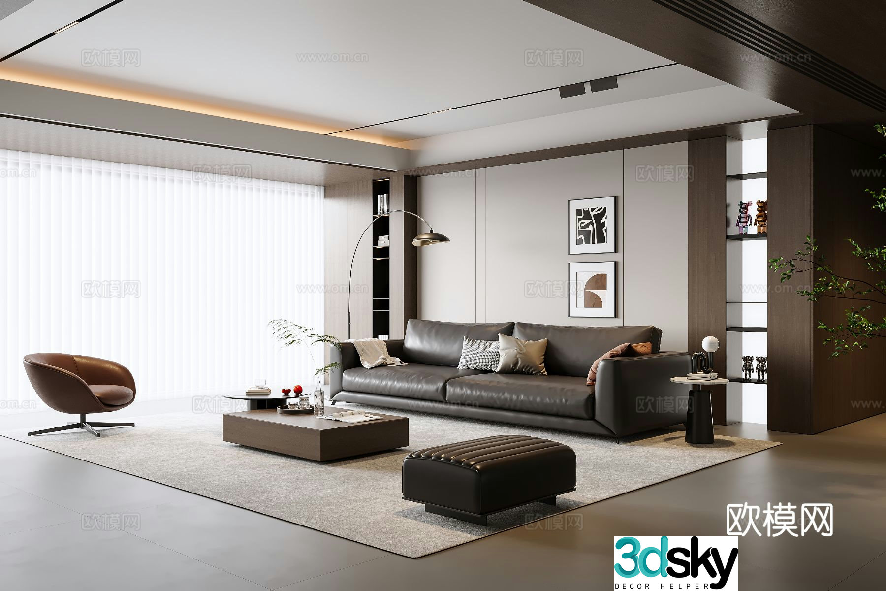 Italian home living room horizontal hall Italian sofa coffee table Italian bookcase Italian carpet 3D model