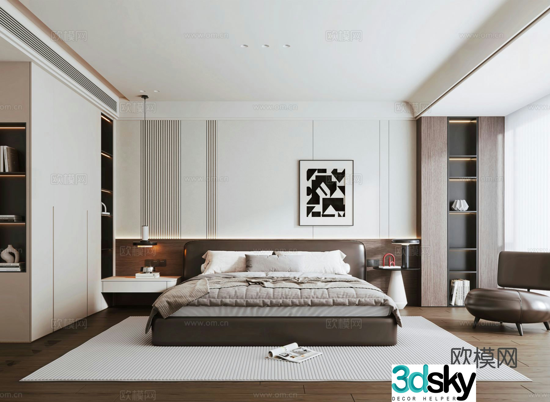 Italian light luxury home bedroom Italian leather double bed bedside wardrobe bedroom decoration painting 3D model