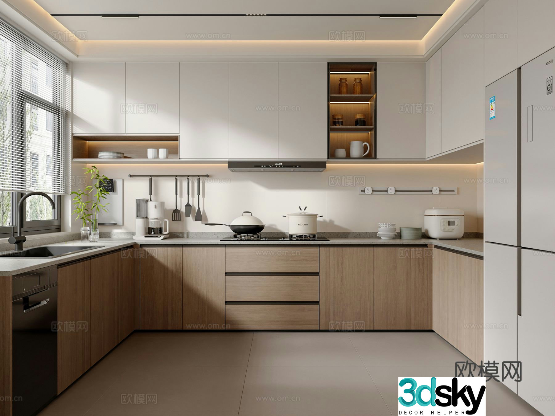 Creamy Kitchen Cabinet Refrigerator Kitchen Appliances Kitchen Supplies 3D Model