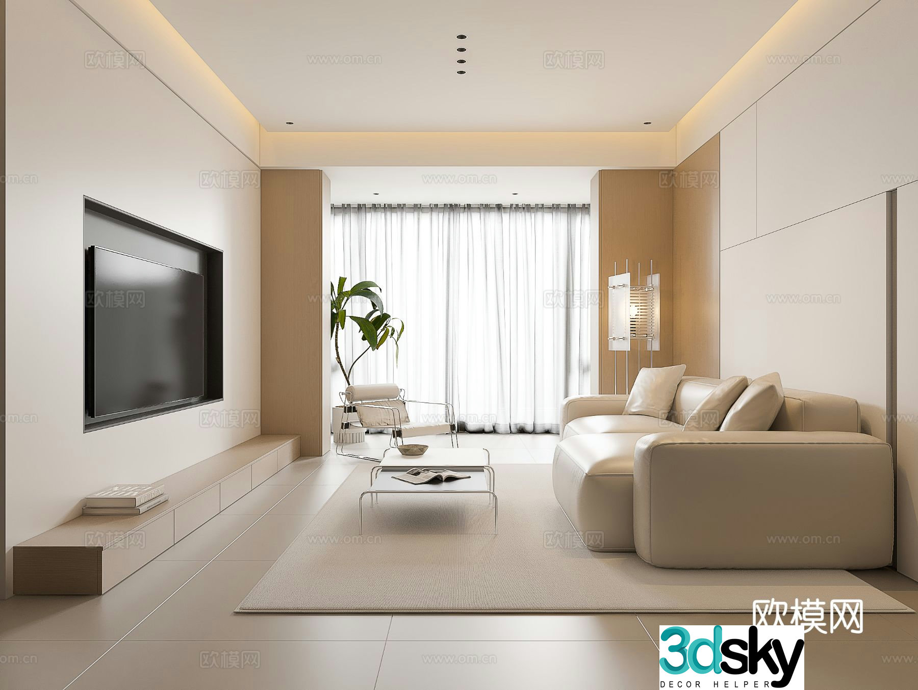 Modern living room large flat living room log living room creamy living room modern sofa coffee table combination 3D model