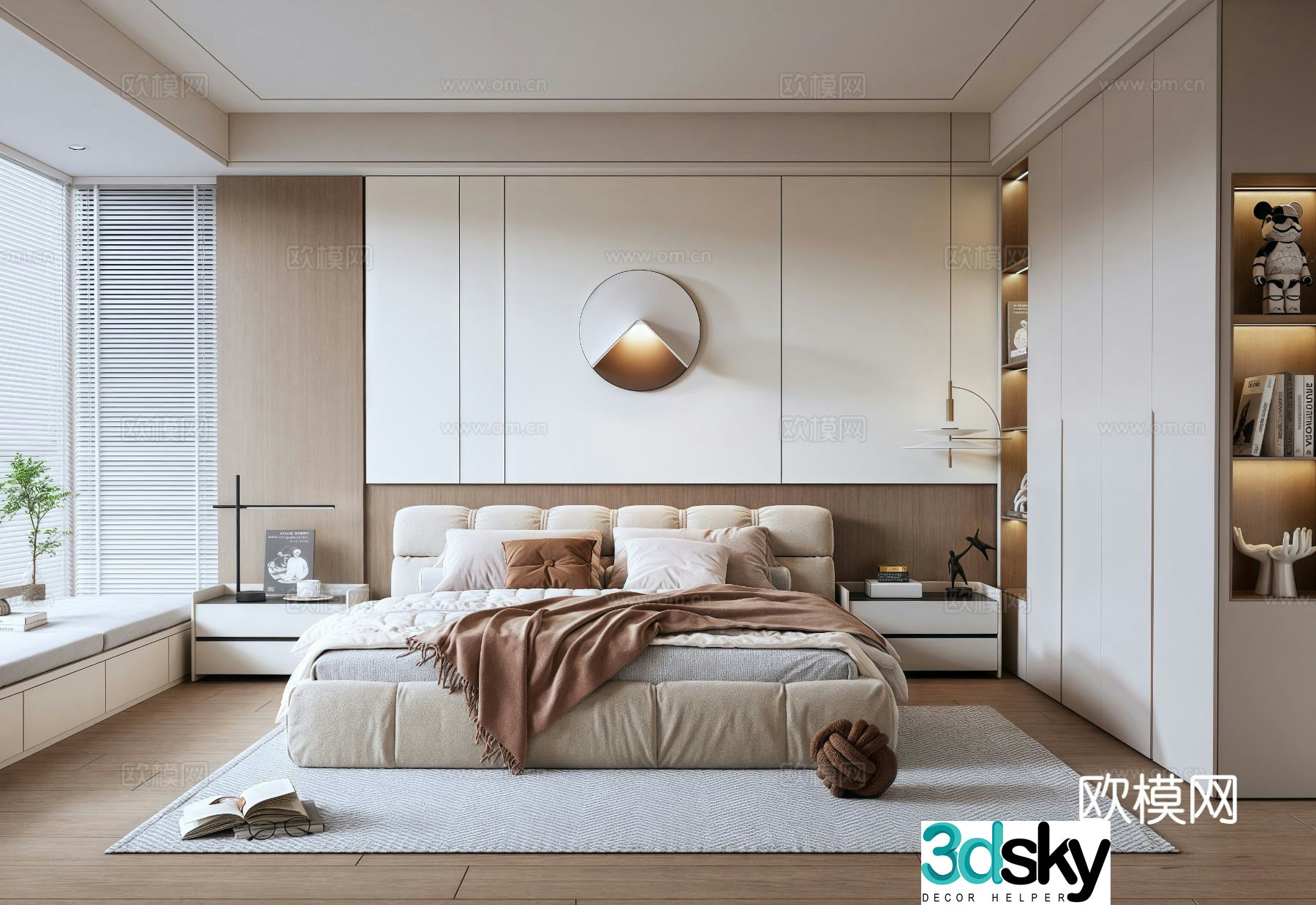 Minimalist Italian bedroom wardrobe double bed leather bed background wall bay window bedroom bedside table bed 3d model