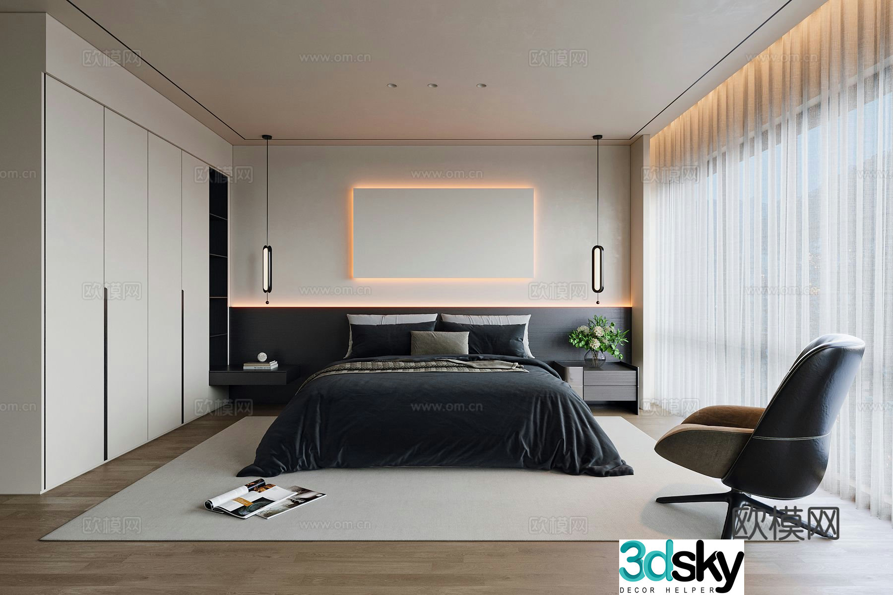 Modern bedroom black and white gray bedroom 3d model