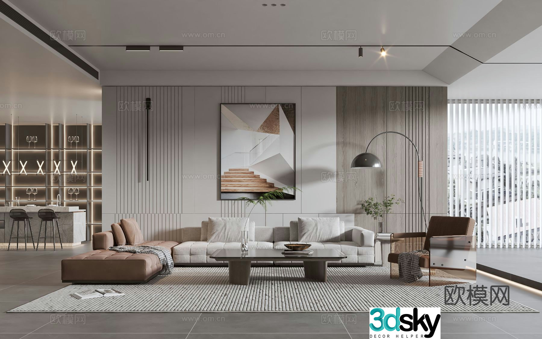 Modern living room modern sofa coffee table combination modern background wall 3d model