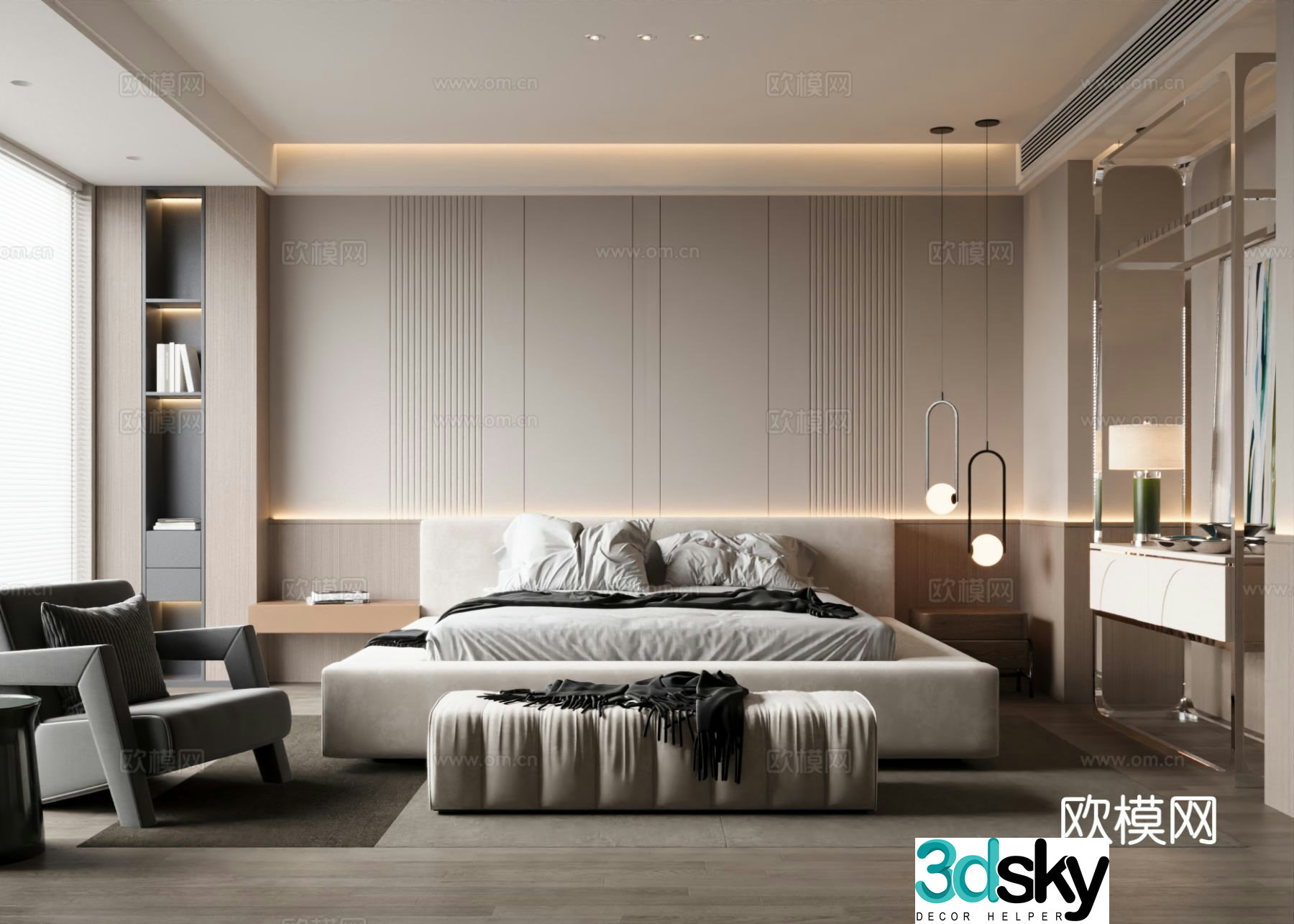 Modern master bedroom home bedroom double bed casual single chair side cabinet 3d model