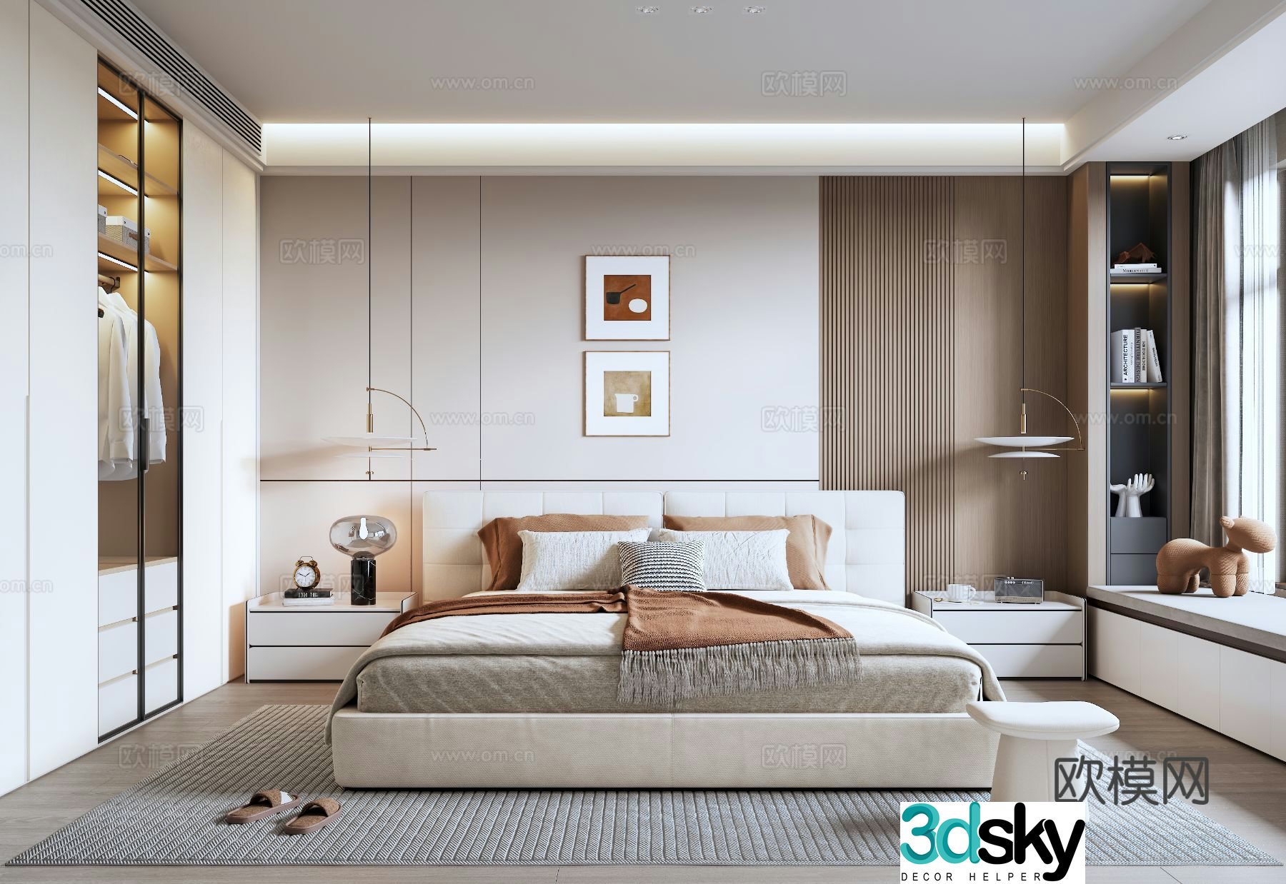 Modern minimalist bedroom wardrobe background wall wall light bay window bedroom double bed bedside table 3d model