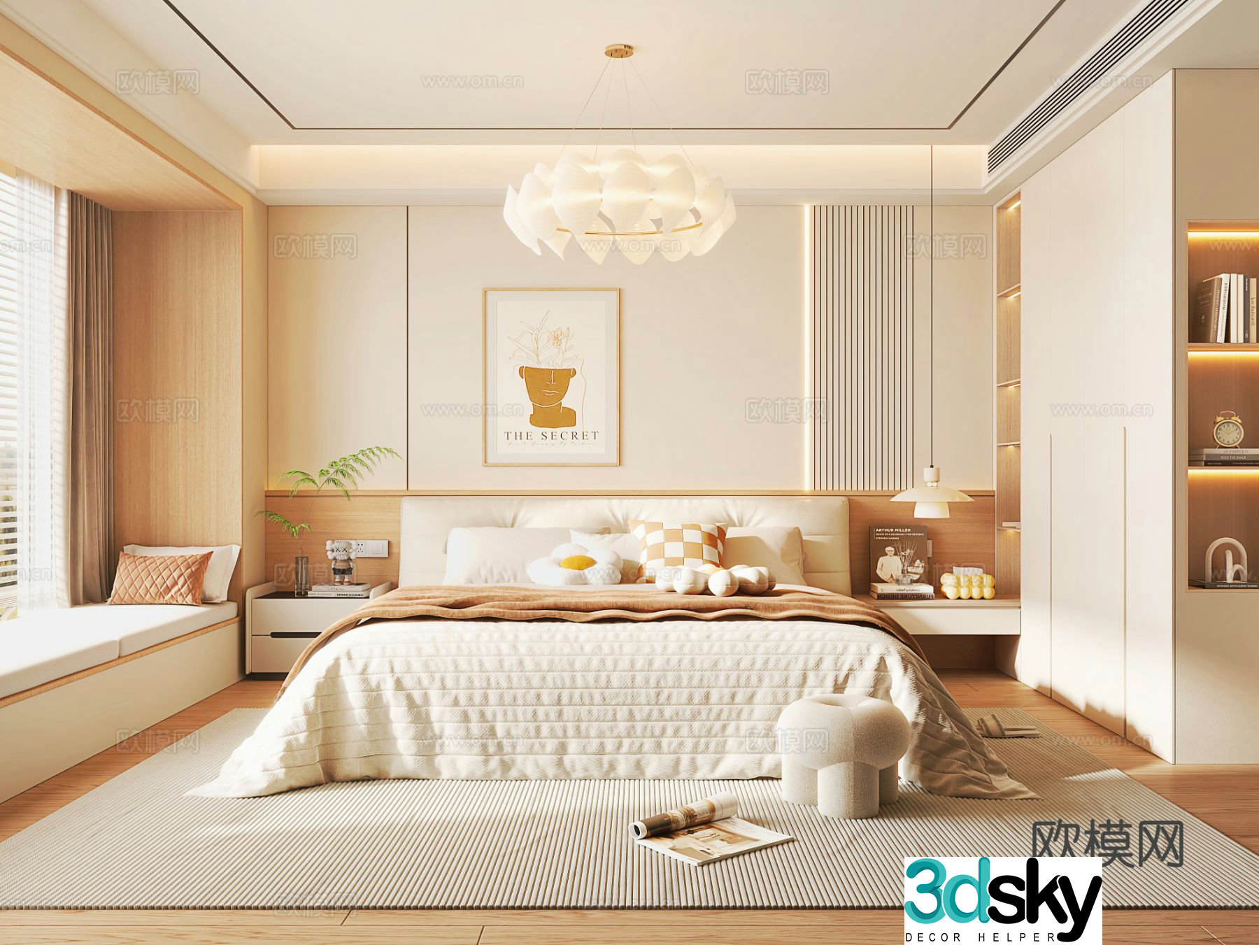 Creamy style bedroom Creamy style fabric double bed bed nightstand modern wardrobe Creamy style bedroom 3d model