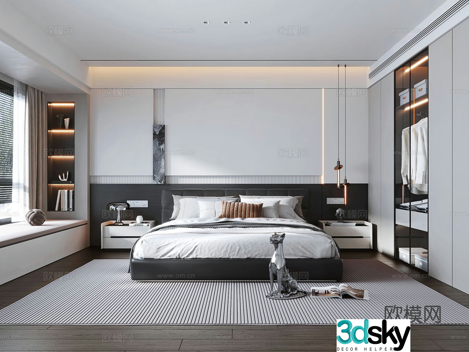 Italian light luxury home bedroom Italian style double bed bedside table wardrobe bedside chandeliers 3D model