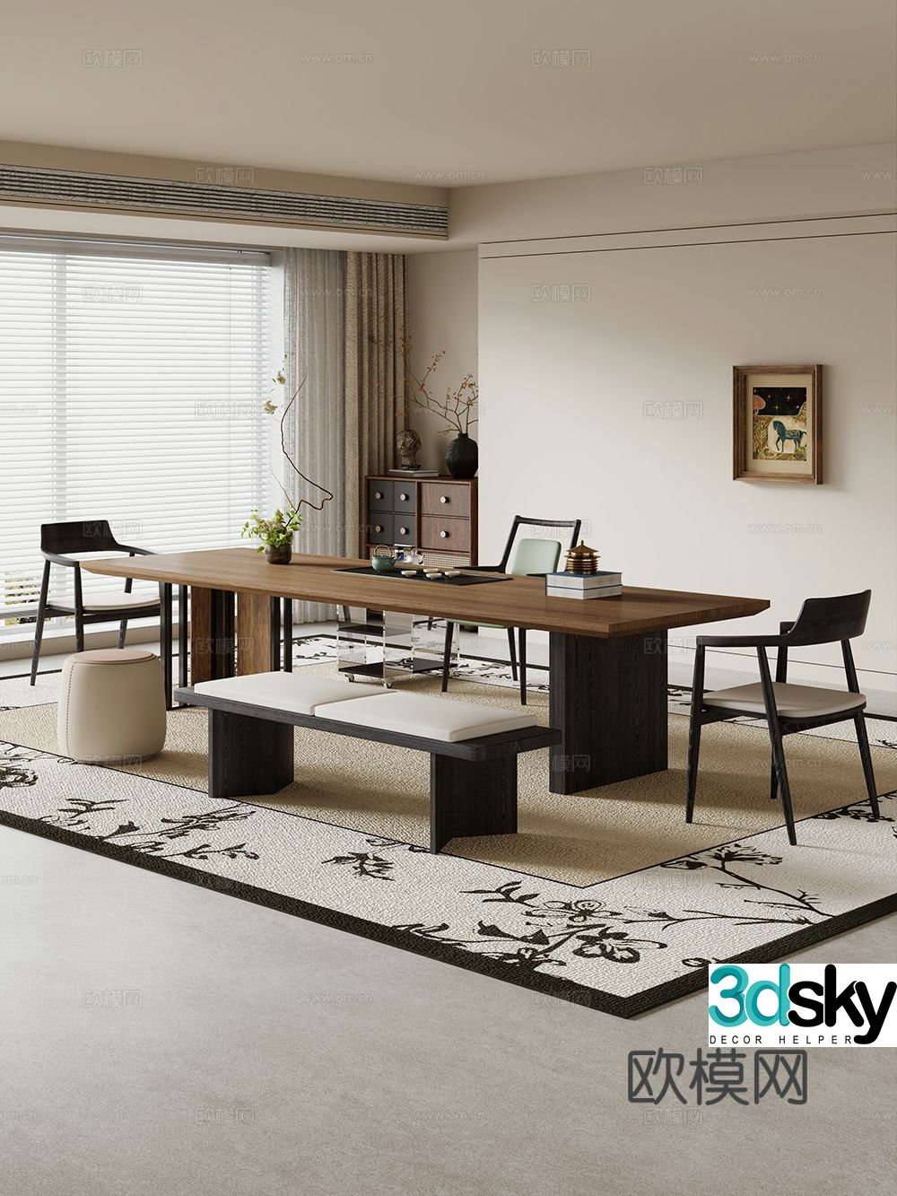 Creamy large plate table tea table and chair combination tea table tea table tea room tea table balcony tea table 3D model